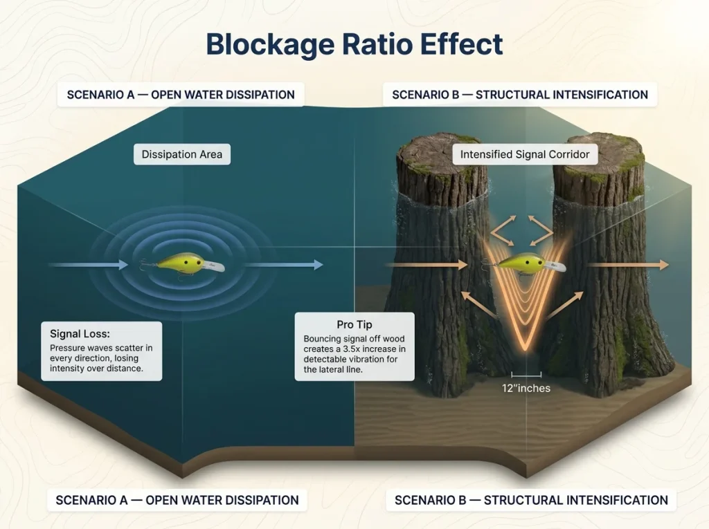 Spatial diagram contrasting lure vibration dissipation in open water vs. intensification between submerged stumps