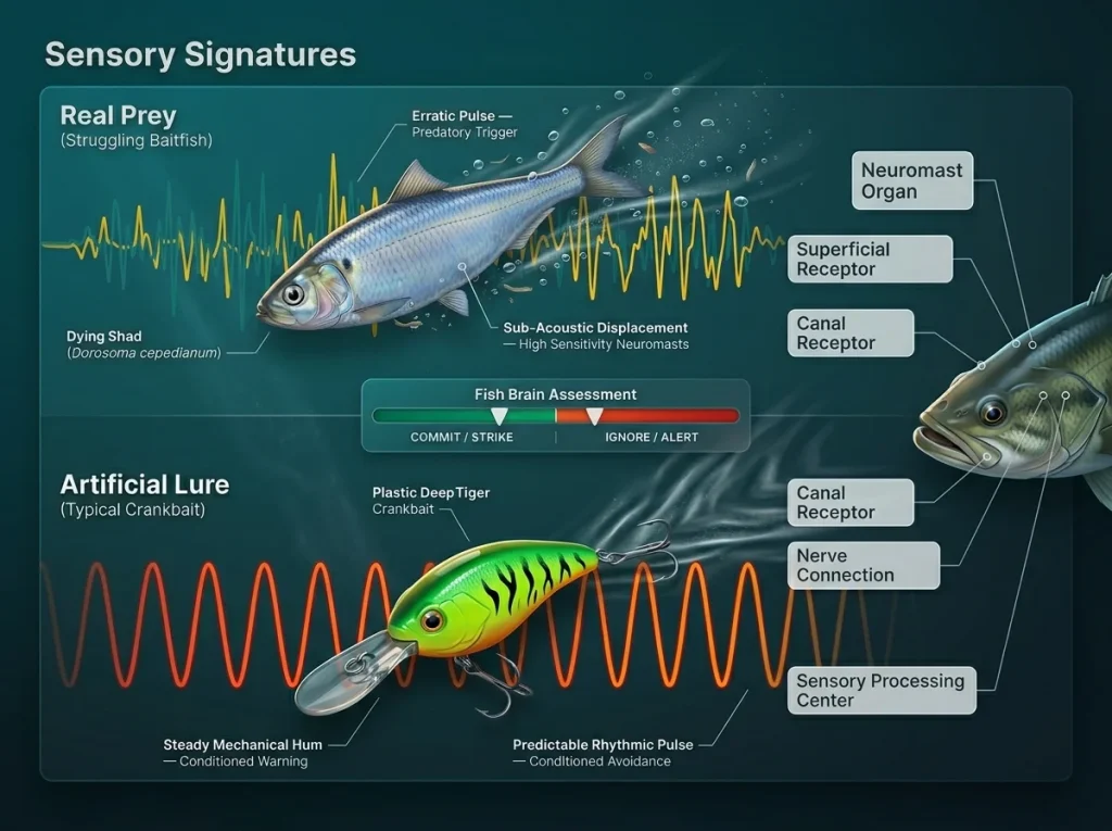 Infographic contrasting irregular baitfish vibrations with predictable crankbait hum using soundwave graphics and labels