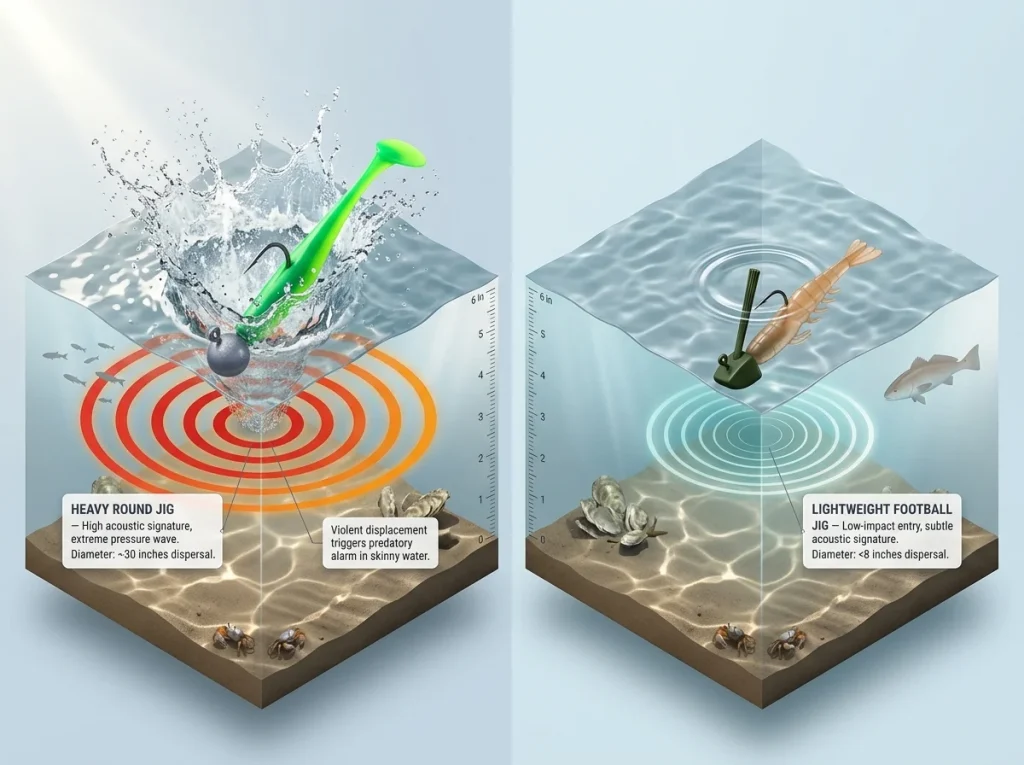 Split-screen infographic comparing the underwater pressure waves and splashdown of a heavy round jig versus a lightweight football jig