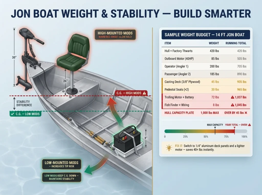 Infographic showing jon boat center of gravity with high vs low mod arrows and weight budget spreadsheet against 1,000-lb hull capacity