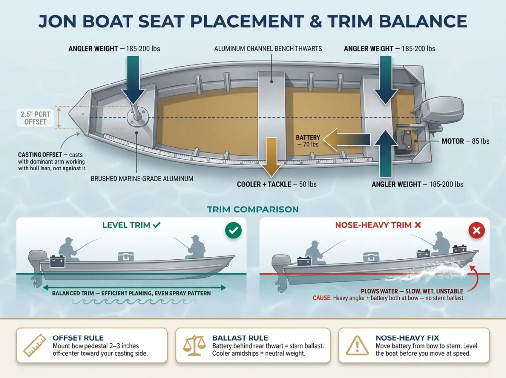 Infographic showing jon boat top-down seat placement with offset measurements, weight arrows, and level vs nose-heavy trim comparison