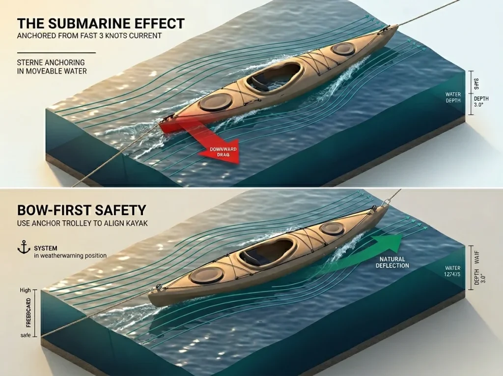 Infographic showing the submarine effect of stern anchoring versus correct bow anchoring using a trolley system