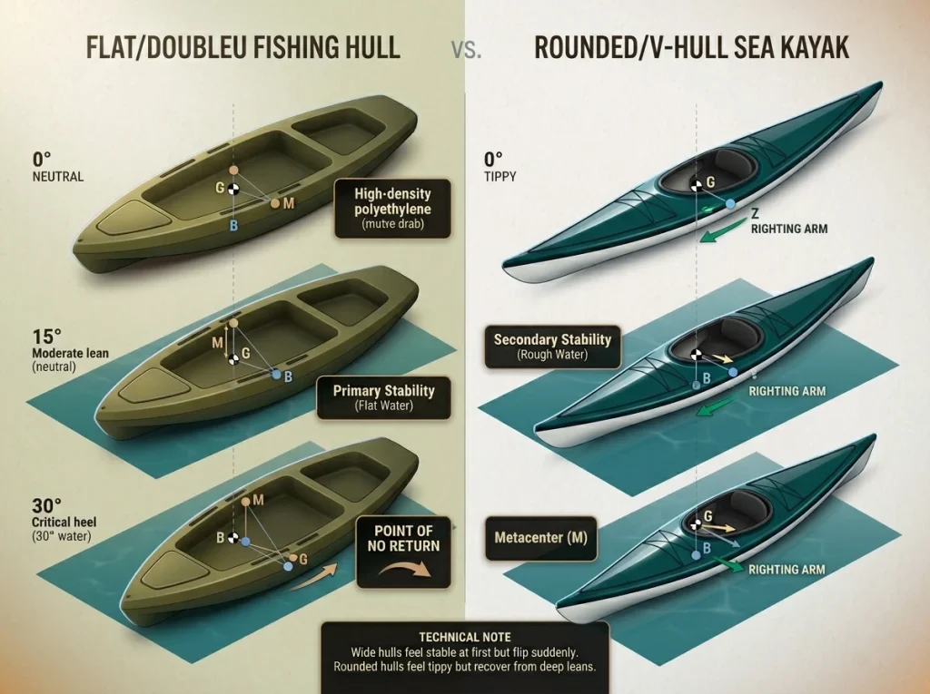 Infographic comparing flat vs. rounded kayak hull stability with B, G, and M markers and labeled righting arm vectors