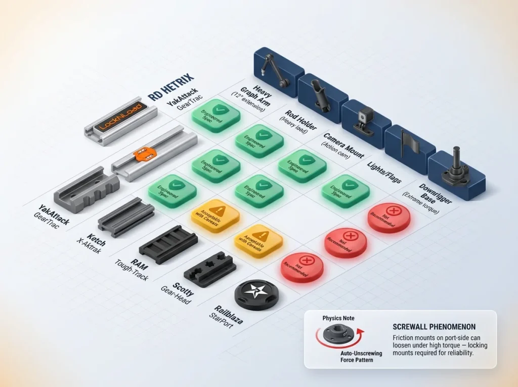 Color-coded compatibility matrix for kayak tracks and accessories showing engineered vs non-recommended combinations