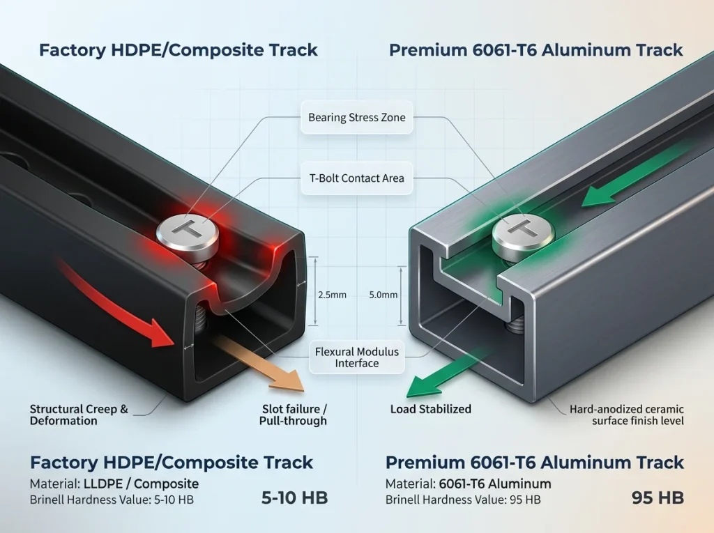 Infographic comparing HDPE vs 6061-T6 aluminum kayak track cross-sections with material thickness and torque stress labels
