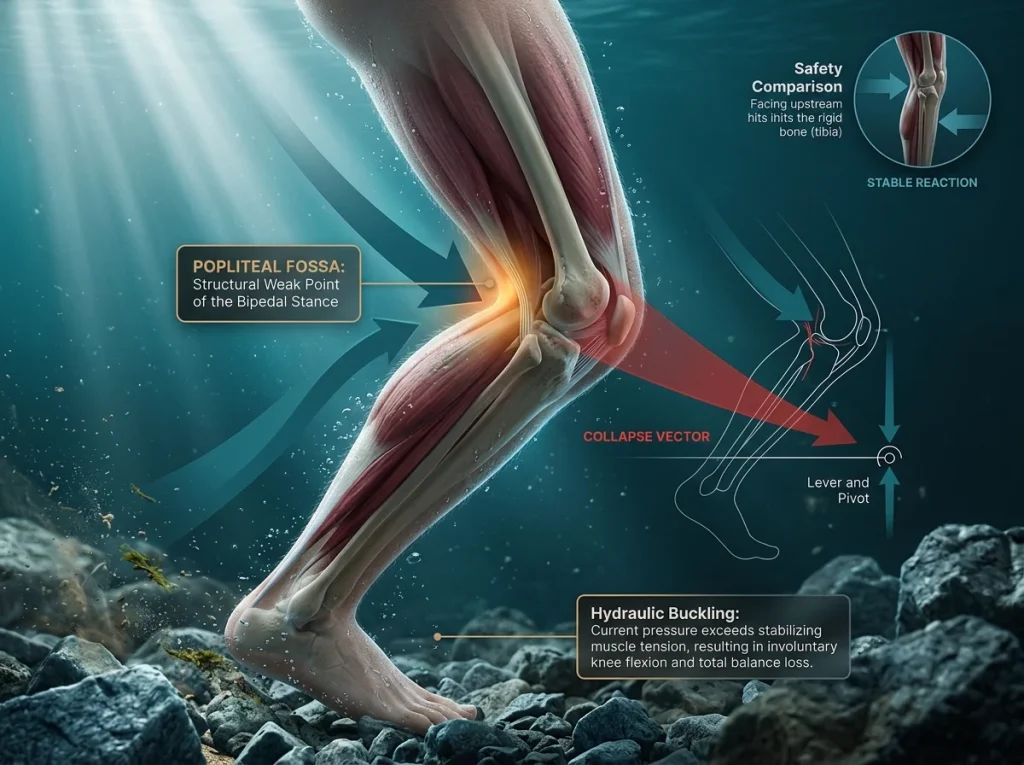 Anatomical diagram showing current flow hitting the popliteal fossa causing structural knee failure during downstream wading