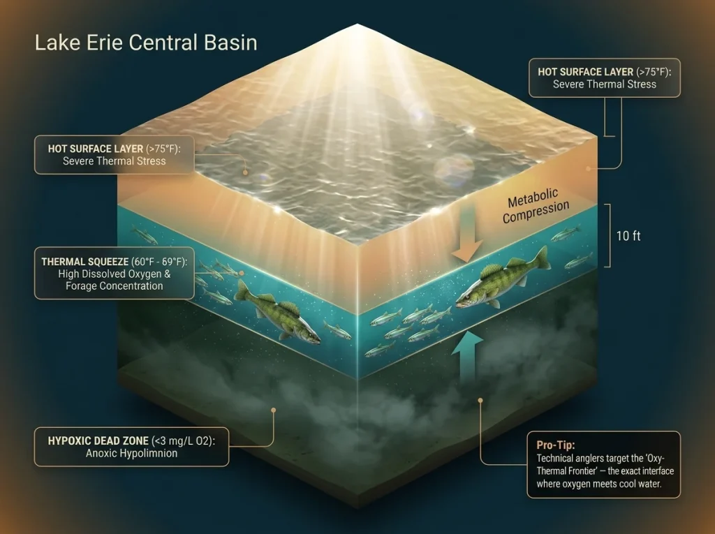 Infographic showing the Central Basin thermal squeeze with fish suspended between hot surface and hypoxic bottom layers