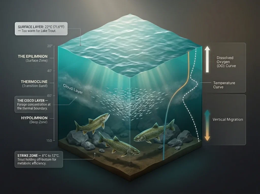Infographic showing lake stratification cross-section with thermocline band, cisco schools, trout positions, and data curves