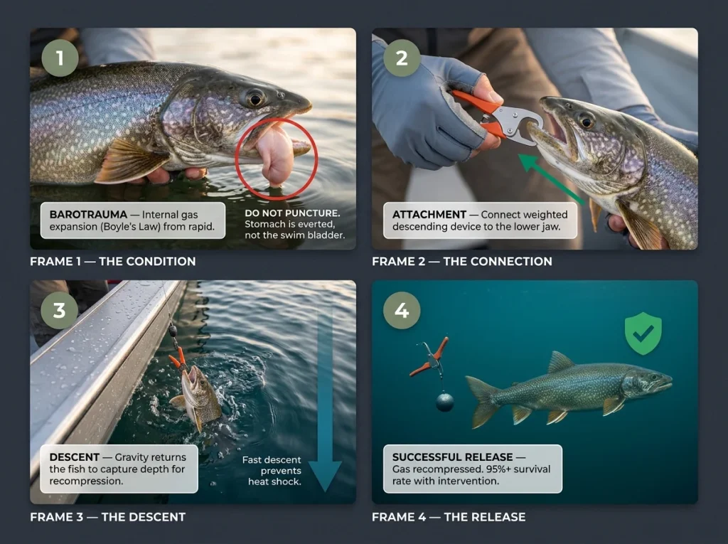 Four-panel photo sequence showing barotrauma treatment steps for lake trout including the use of a descending device