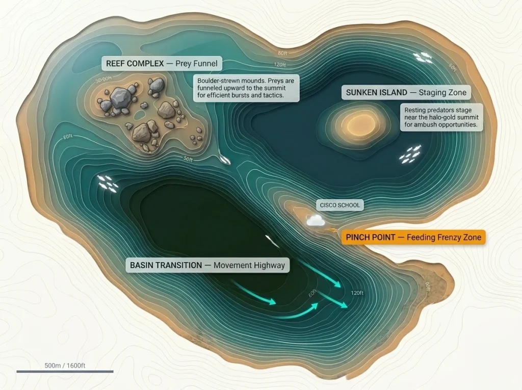 Top-down contour map showing four lake trout structure types with cisco schools and thermal gradient layers