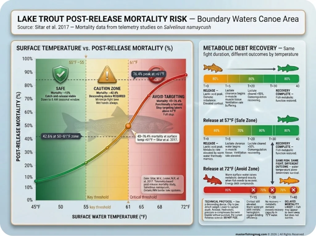 Infographic showing lake trout post-release mortality by surface temperature with Safe, Caution, Avoid zones and metabolic debt recovery timeline