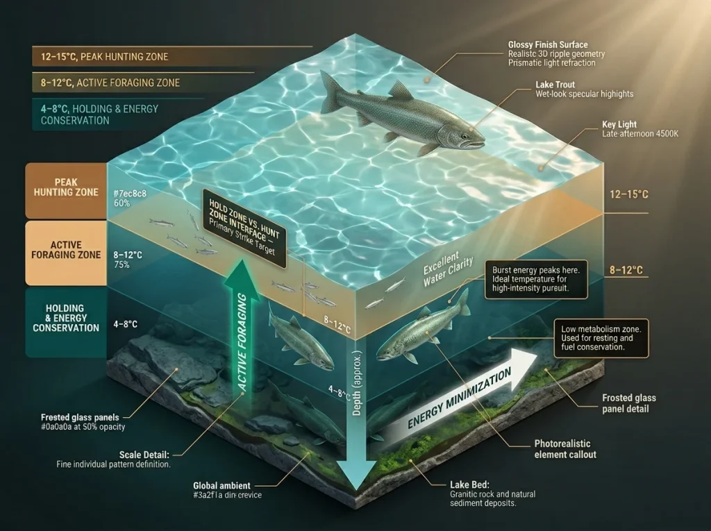 Infographic showing lake trout hunting strategies across thermal strata with labeled hold and forage zones