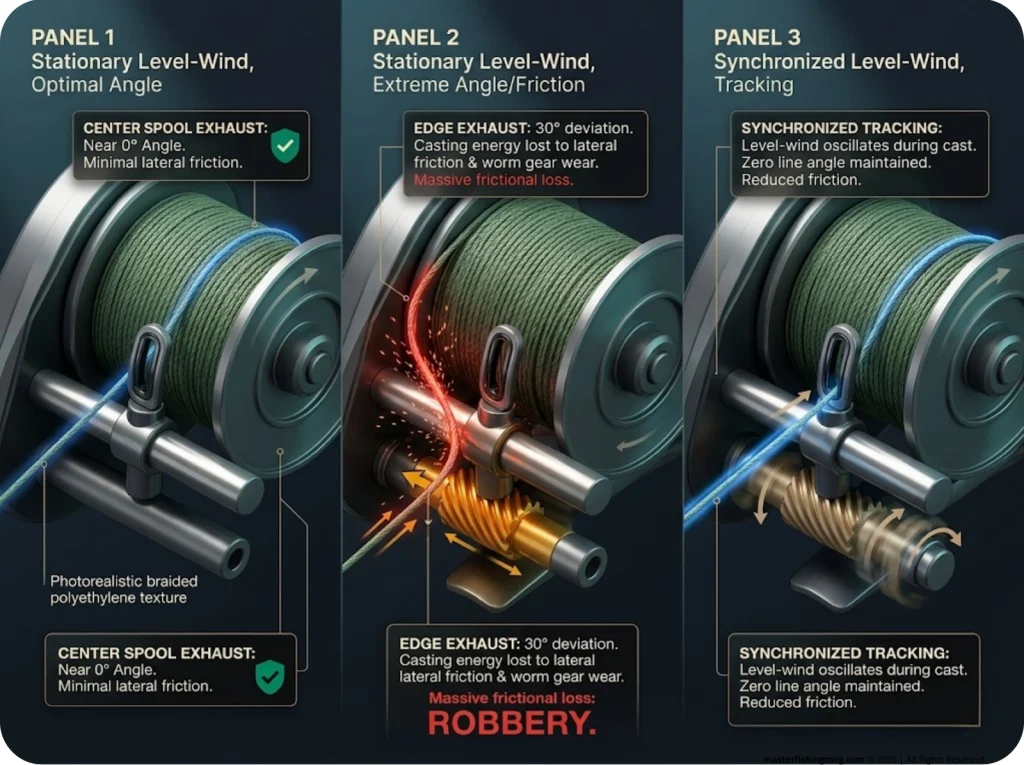 Infographic showing reel level-wind mechanics with line angle friction points and synchronized tracking comparisons