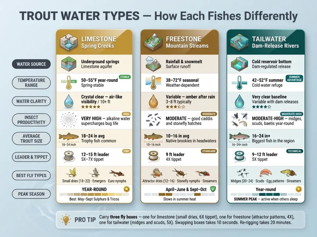Infographic comparing limestone, freestone, and tailwater trout fishing with 8 labeled rows covering gear, flies, temperature, and peak season