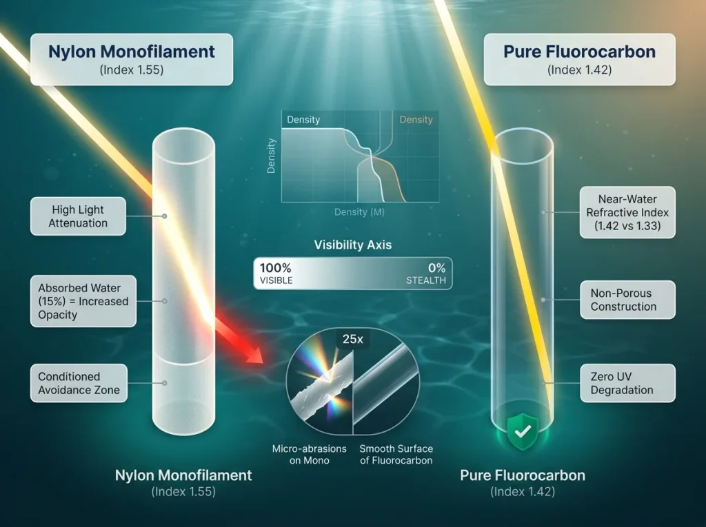 Infographic showing underwater light refraction difference between monofilament and fluorocarbon lines with labeled index markers