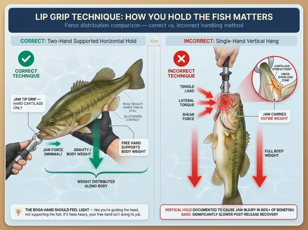 Infographic comparing correct horizontal two-hand fish hold vs incorrect vertical grip with force arrows showing jaw stress distribution