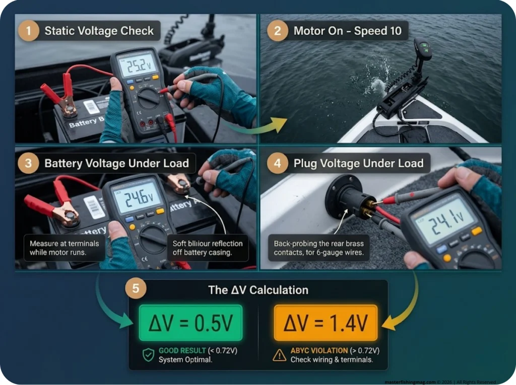 Infographic photo sequence showing 5 steps for trolling motor loaded voltage test with multimeter probes and readings