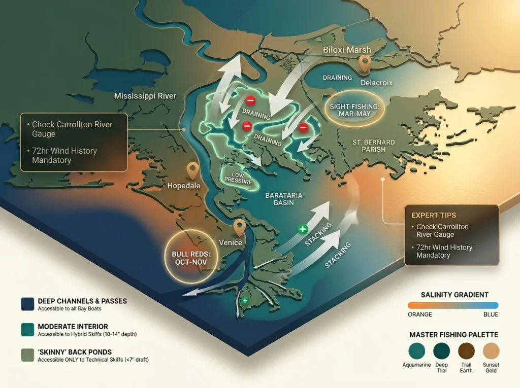 Technical map showing Louisiana marsh fishing depth zones, access points, and wind-driven water level effects.