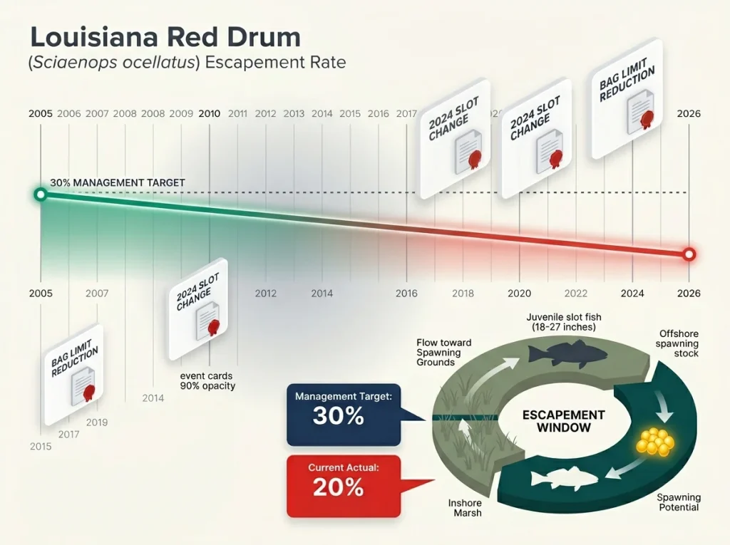 Timeline infographic of Louisiana redfish escapement rates and regulation changes from 2005 to 2026.
