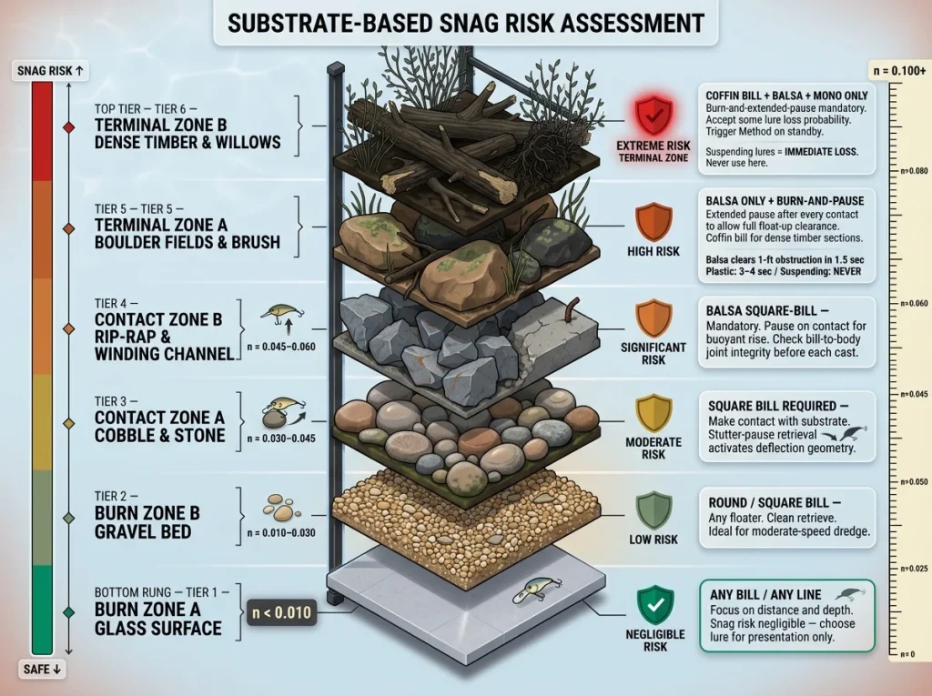 Infographic showing Manning's n substrate risk ladder with six zones, color-coded hazard levels, and recommended crankbait strategies per substrate