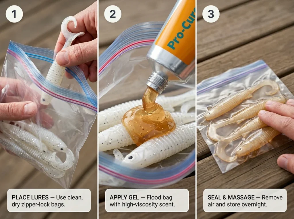 Three-step photo sequence showing the 'Marinate Method' for soft plastic lures using gel scent and airtight storage
