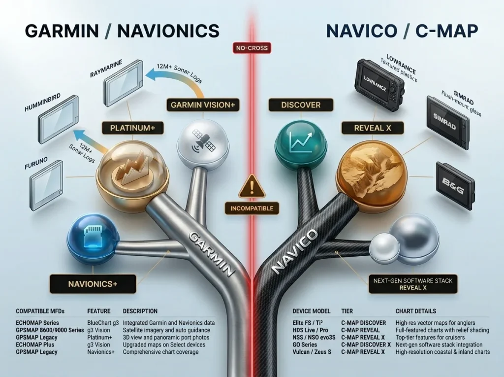 Infographic showing Garmin and Navico corporate ownership trees with MFD brand compatibility and chart tiers