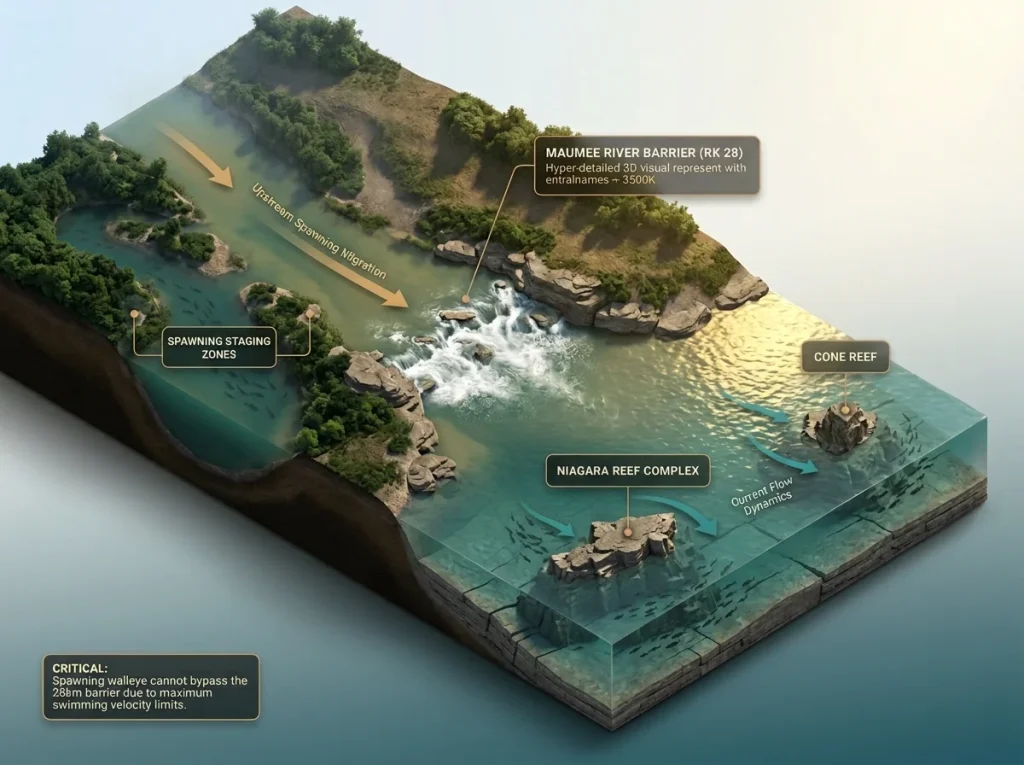 Infographic showing the Maumee River spawning barrier and Western Basin reefs with labeled navigation and fishing hotspots