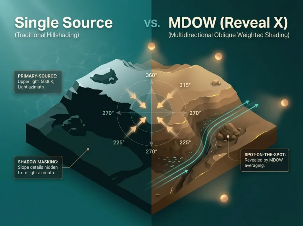 Infographic comparing single-source hillshading vs multidirectional oblique weighted (MDOW) shading on an underwater ledge
