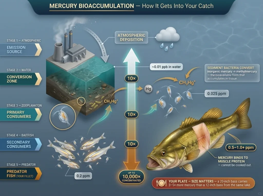 Infographic showing mercury bioaccumulation through aquatic food chain with concentration multipliers at each trophic level