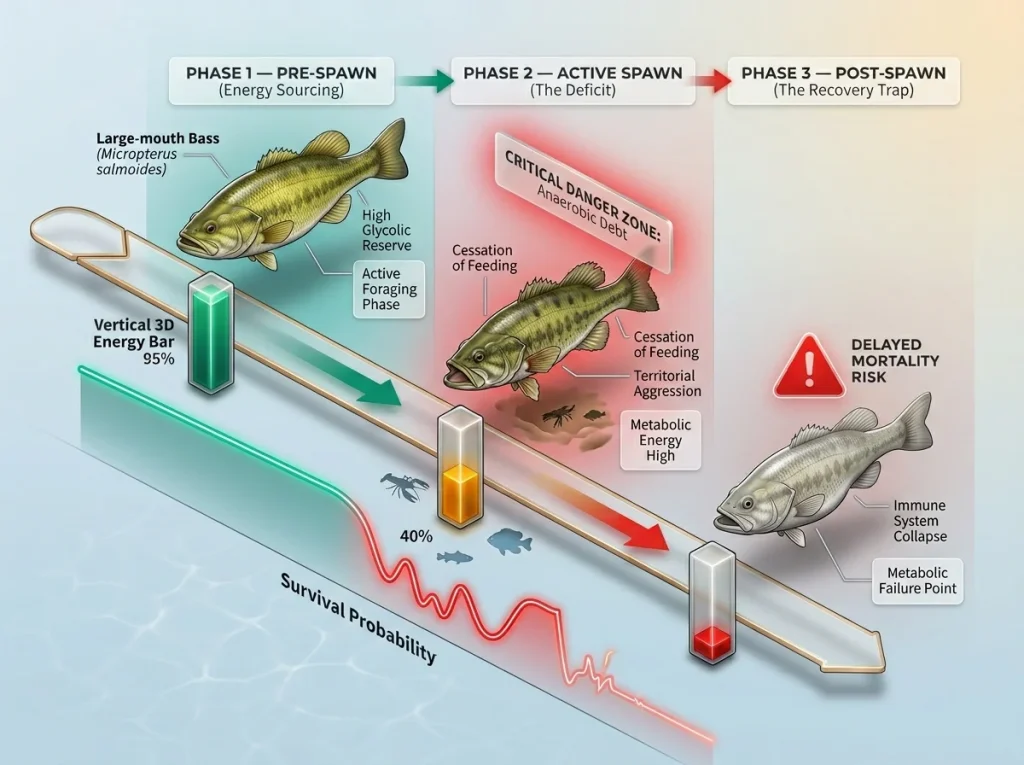Infographic showing 3-phase metabolic timeline of energy depletion in spawning fish with highlighted danger zones