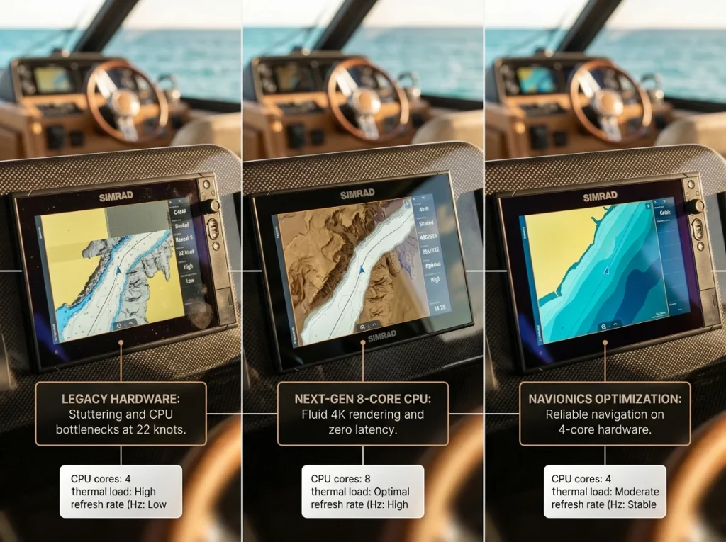 Photographic sequence of marine GPS units showing rendering performance difference between Simrad GO9, Simrad NSX, and Navionics