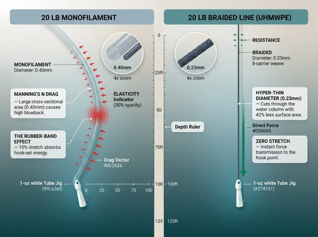 Infographic comparing 20 lb mono and braid line drag at 100 ft depth showing the mono bow curve and vertical braid path