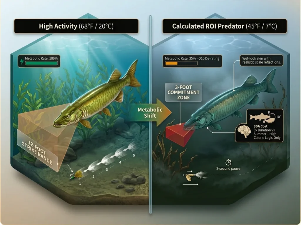 Infographic comparing musky metabolism at 68°F vs 45°F showing reaction zones, strike distance, and SDA energy costs