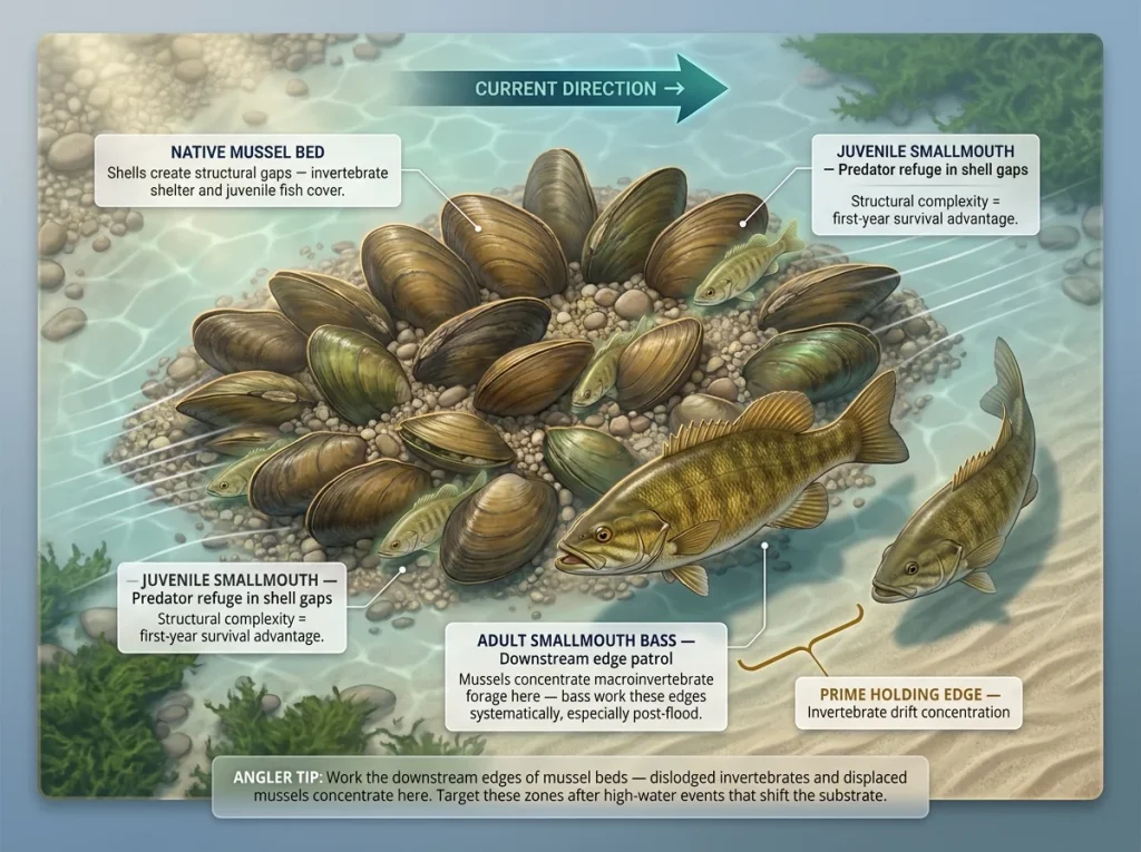 Infographic showing top-down mussel bed diagram with juvenile fish in shelter gaps and adult bass on downstream edge with current labels