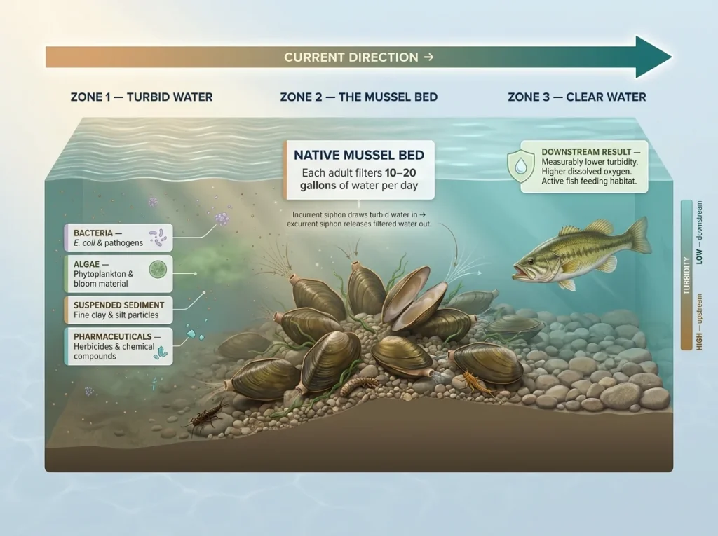 Infographic showing mussel bed cross-section filtering turbid water with labeled callouts for bacteria, algae, sediment, and pharmaceuticals