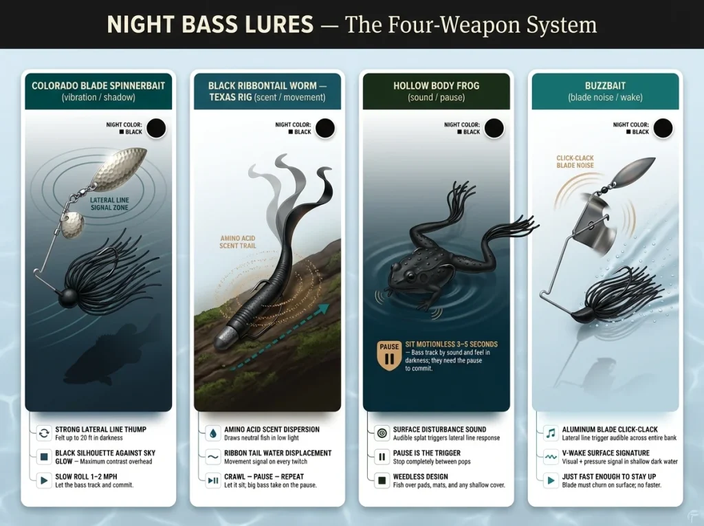 Infographic showing four night bass lures with labeled vibration, silhouette, scent, sound, and wake attributes per panel