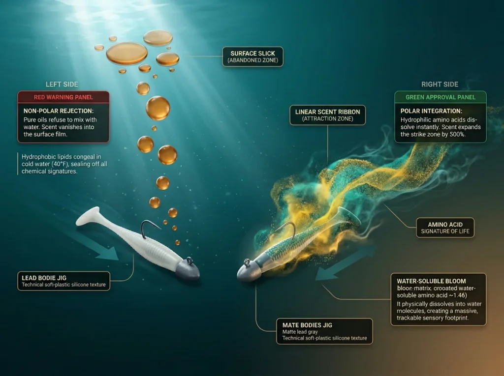 Comparison showing oil-based scent droplets floating toward the surface versus a water-soluble amino acid matrix blooming in the current