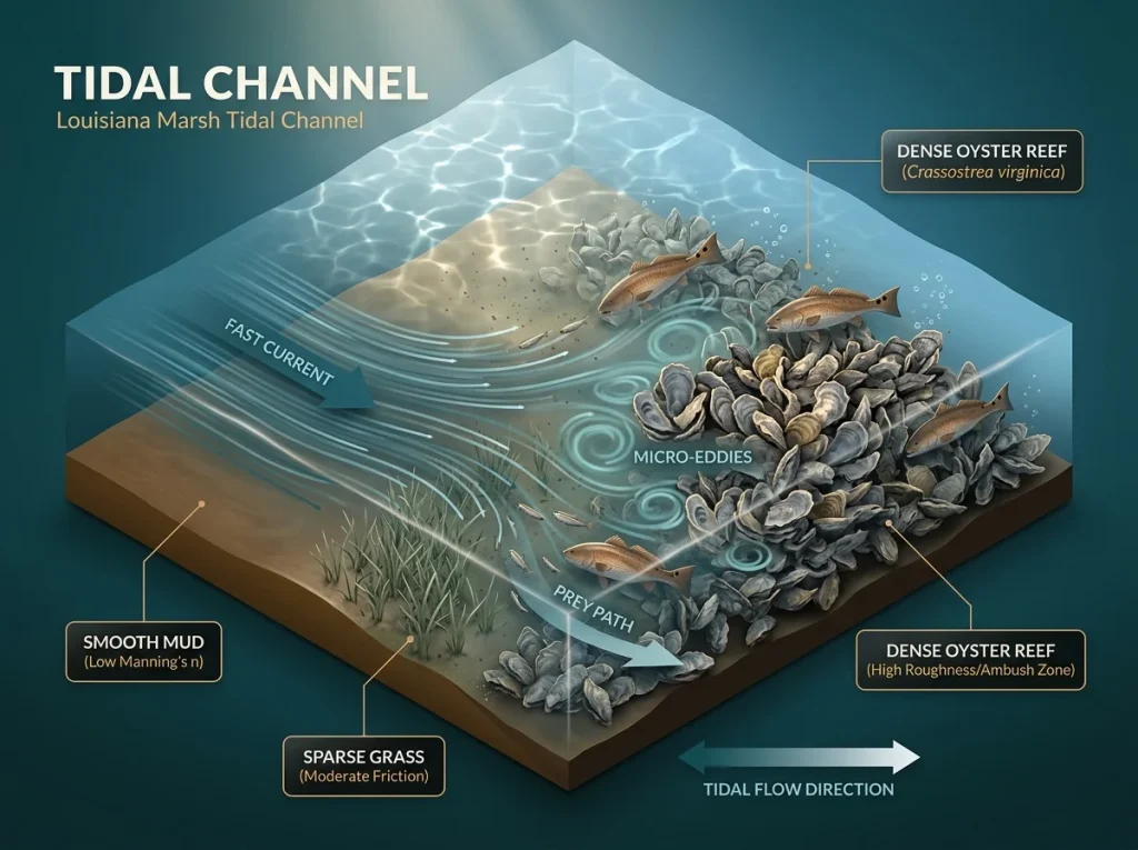Infographic showing oyster reef water velocity gradients with labeled substrate roughness and redfish ambush zones.