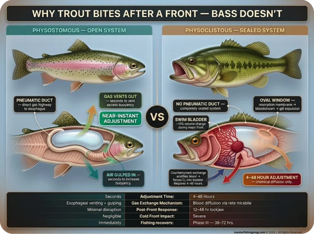 Infographic showing trout vs bass swim bladder anatomy with labeled pneumatic duct, rete mirabile, and gas flow adjustment arrows