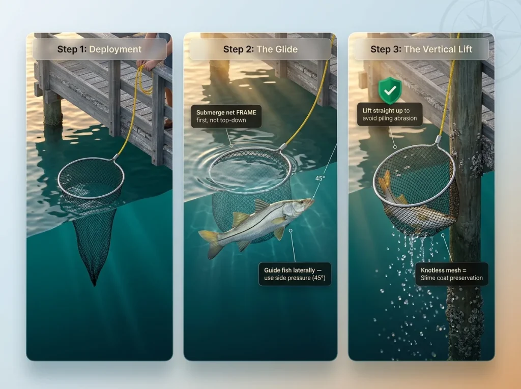 3-panel infographic showing the proper 3-step protocol for landing a large fish from a pier using a drop net