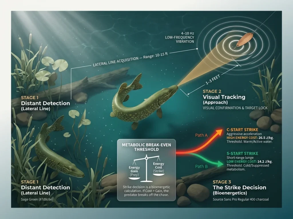 Overhead infographic of pike ambush stages showing lateral line detection, visual tracking, and strike energetics
