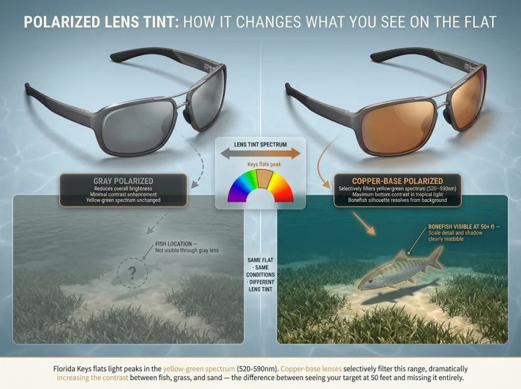 Infographic comparing gray vs copper polarized lens views of Florida Keys flat showing underwater contrast and bonefish visibility difference