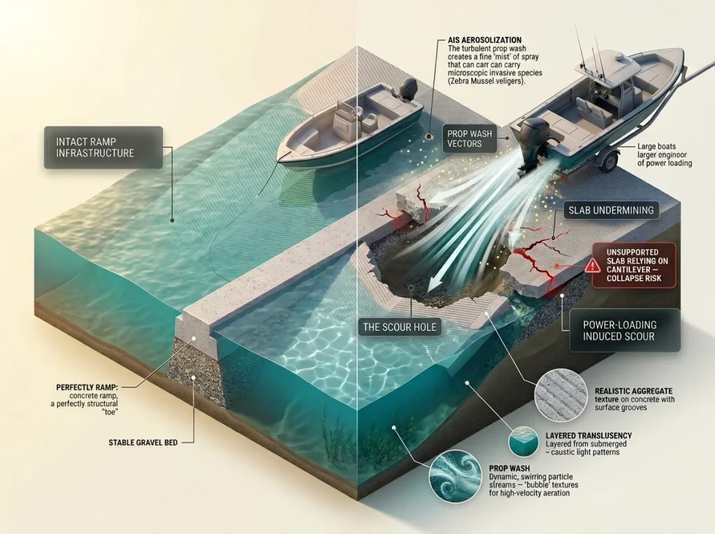 Infographic showing the physical impact of power loading on boat ramp infrastructure and invasive species spread