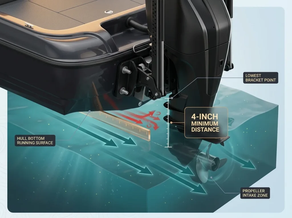 Technical blueprint infographic showing 4-inch minimum clearance between boat hull bottom and power-pole bracket for clean water flow