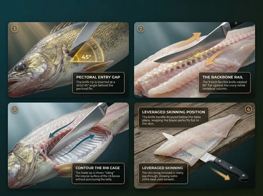 4-frame infographic showing professional fish filleting sequence: entry, backbone rail, rib navigation, and skinning