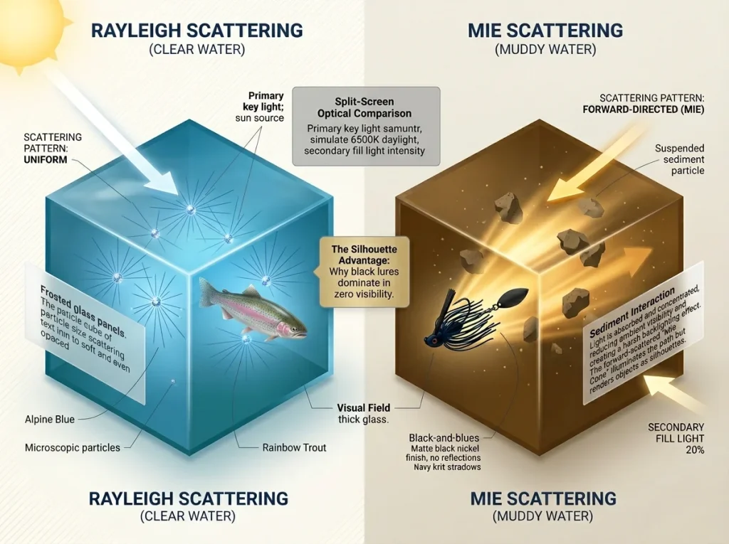 Infographic comparing Rayleigh and Mie scattering in water showing how muddy particles backlight a fishing lure