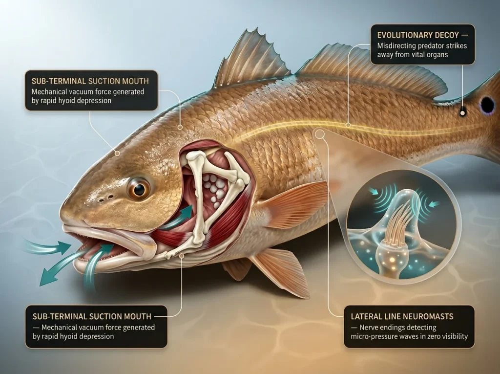 Infographic showing red drum anatomical cross-section with labeled sub-terminal mouth, hyoid apparatus, and lateral line neuromasts