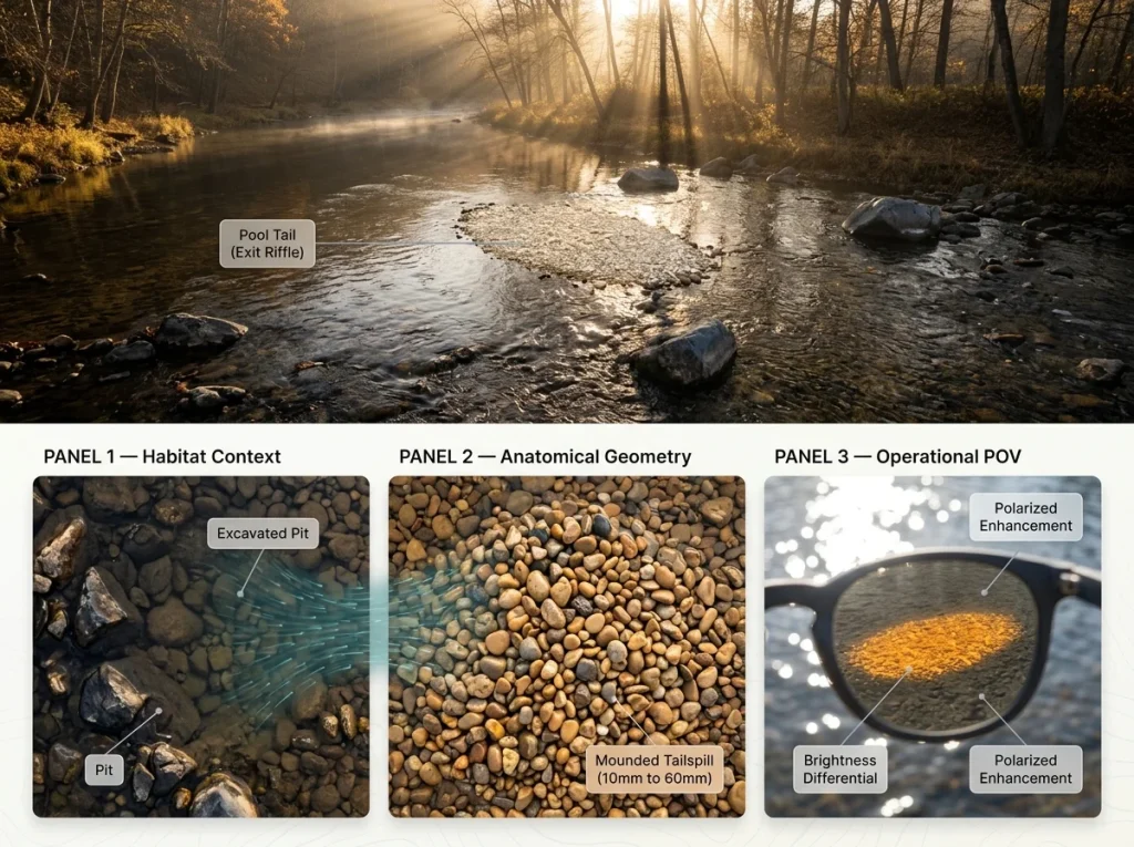 3-panel sequence showing a trout redd in a river from distance, close-up geometry, and through polarized glasses