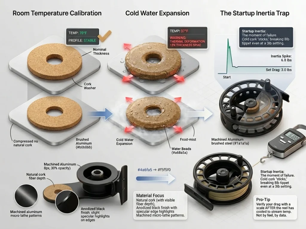 Infographic showing cork drag washer thermal deformation and startup inertia spikes with a hand scale