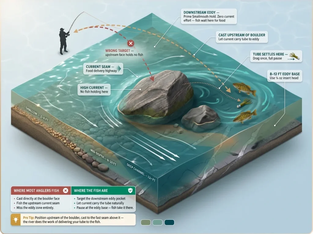 Infographic showing river cross-section with boulder eddy zones, current seams, and optimal tube jig cast trajectory for smallmouth bass